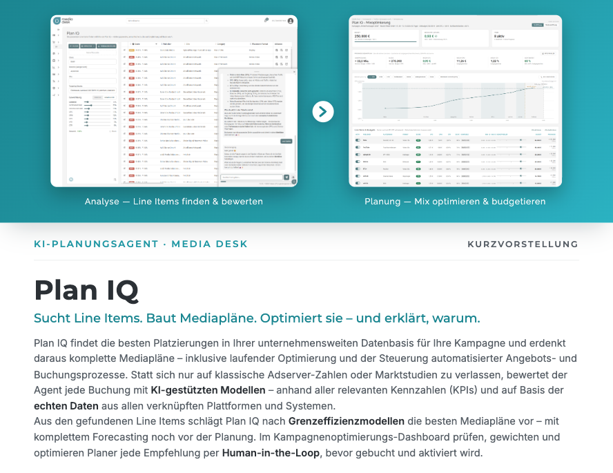 Vorschau des Plan IQ One-Pagers: Kopfbereich mit Analyse- und Planungsansicht